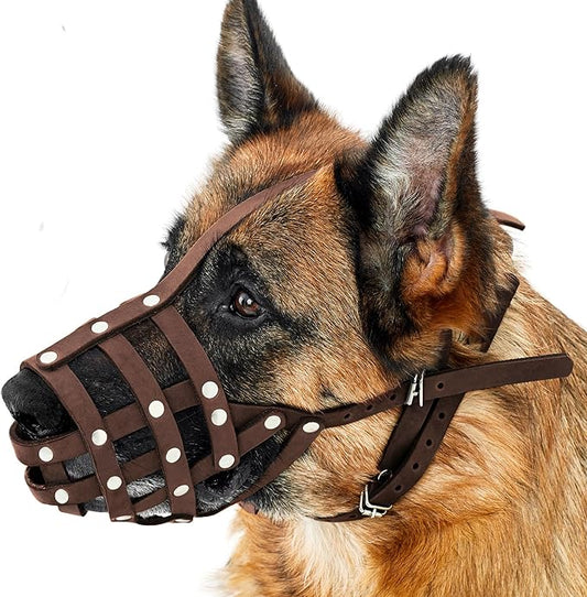 CollarDirect Dog Muzzle German Shepherd Dalmatian Doberman Setter Leather Basket Medium Large Breeds (Chestnut Brown, Medium)