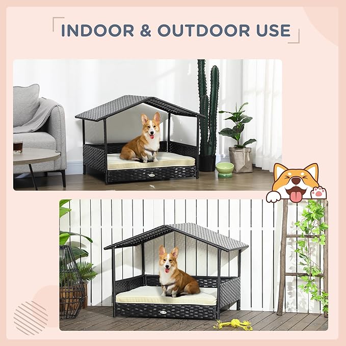 PawHut Wicker Dog House Outdoor with Canopy, Rattan Dog Bed with Water-Resistant Cushion, Raised Dog Bed for Small, Medium Dogs up to 66 lbs, 19.75" in Length, Black Wicker, White Cushion