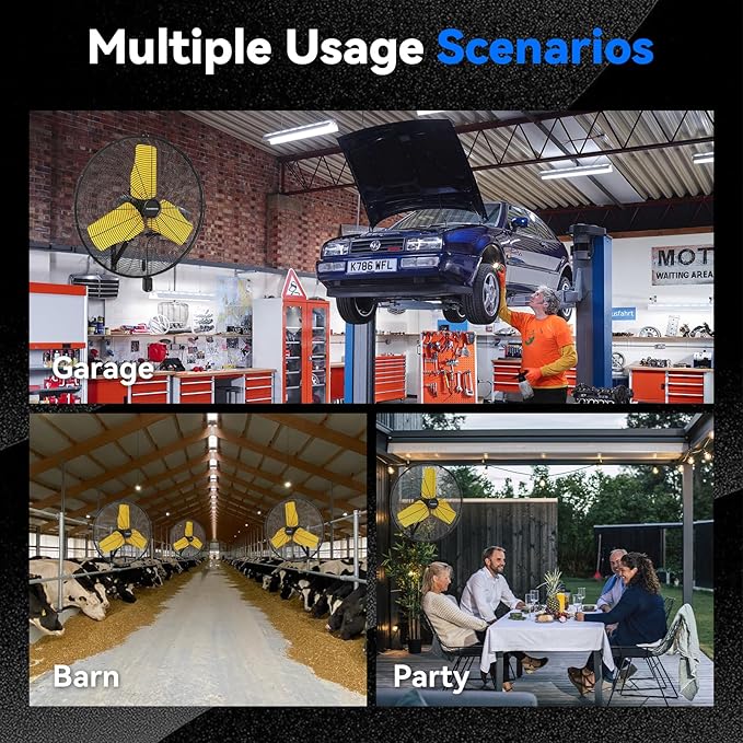 Pro 9500 CFM 24" Outdoor IP44 Waterproof Wall Mount Fan, 3-Speed Oscillating Metal Fans with Enclosure Motor, Heavy Duty Wall Fan for Patio, Warehouse, Garage, and Jobsite