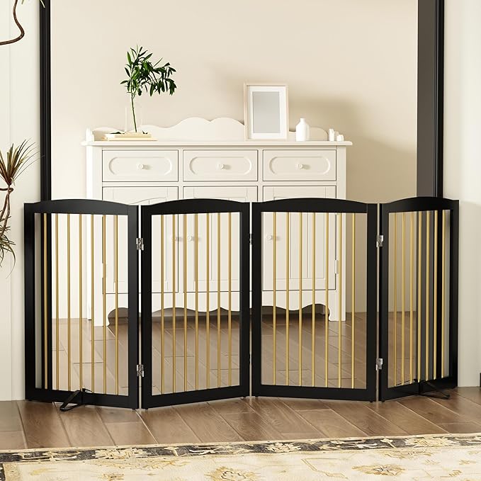 Freestanding Pet Gate for Dogs, Indoor Wooden Dog Gate for House, Foldable Dog Gate for Doorway, Stair, Step Over Pet Puppy Safety Fence Tall, 80 Inch Wide, 4 Panels 32", Black & Gold