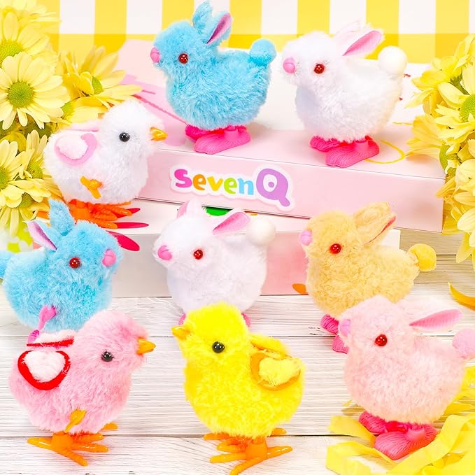 SevenQ Wind Up Toys for Kids Easter Basket Stuffers, 9Pcs Hopping Bunny Toys and Plush Chicks Jumping Small Fidget Toys for Easter Egg Fillers Goodie Bags Treasure Chest Party Favors Gifts