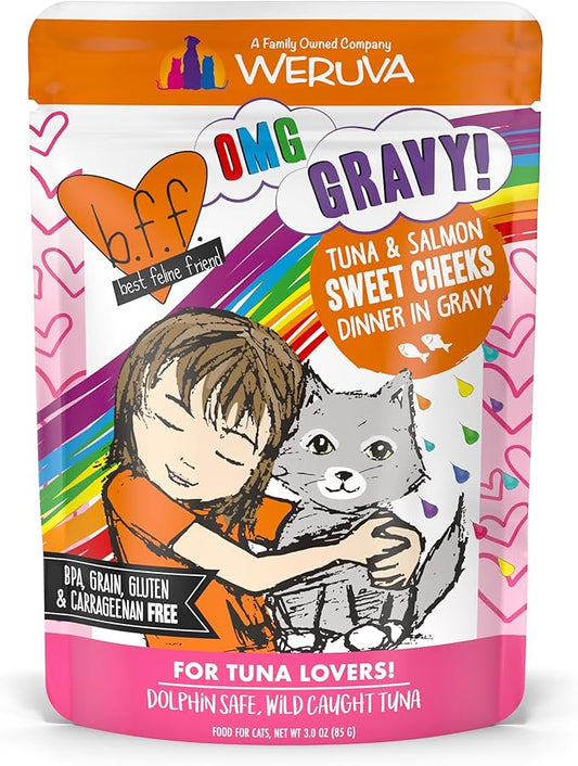 Weruva B.F.F. OMG - Best Feline Friend Oh My Gravy!, Tuna & Salmon Sweet Cheeks with Tuna & Salmon in Gravy Cat Food, 3oz Pouch (Pack of 12)