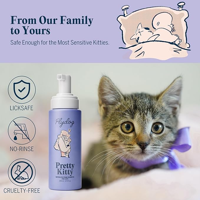 Pretty Kitty Waterless Cat Dry Shampoo – No Rinse, Lick-Safe, Moisturizing for Dry Skin, Detangler, Deshedding, Itchy Skin– Soap-Free Spray Foam for Kittens, Grooming Bathing Hydrat Softening Formula