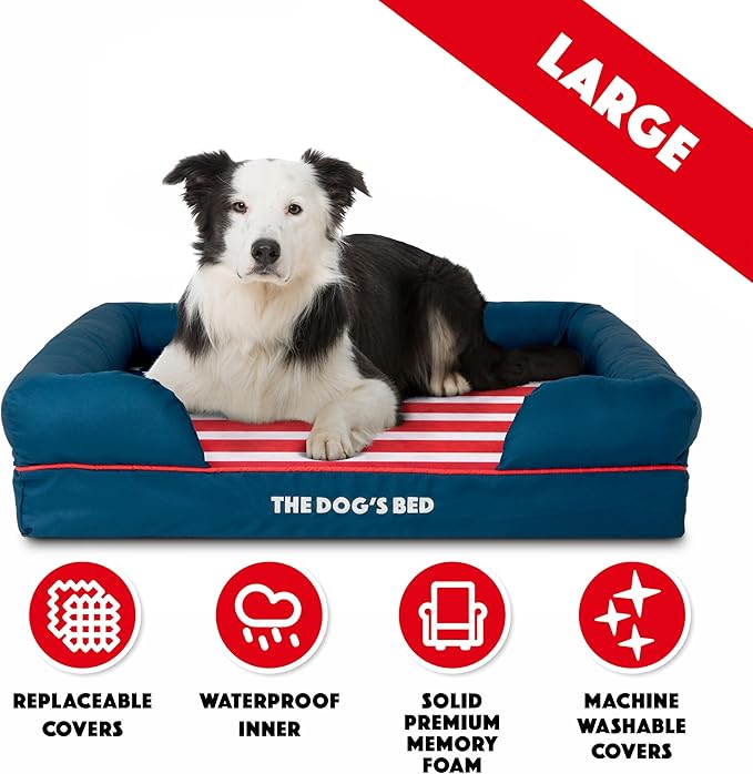 The Dog’s Bed, Large Blue Oxford with Red Trim USA Flag Dog Bed with Central Flag 36x27 Memory Foam, Pain Relief: Arthritis, Post Surgery,Waterproof Washable Cover, Veterinary Approved