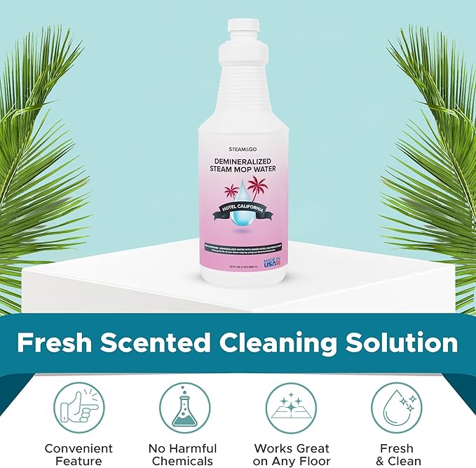 Steam & Go Deminerilized Water - Multi-Surface Cleaner for Steam Cleaners, Hardwood Floors, Kitchens, & Bathrooms - Germ-Killing Formula - Hotel California Scent - 32 Ounces (Pack of 12)