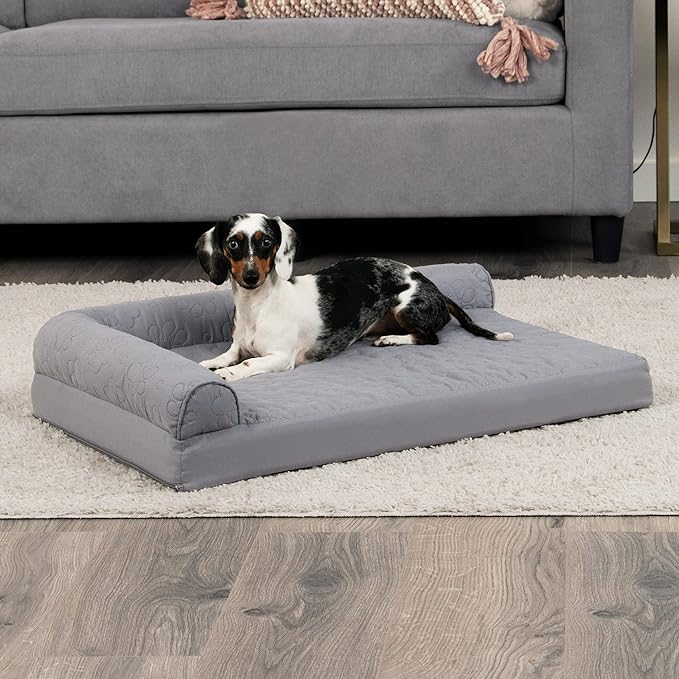 Furhaven Cooling Gel Dog Bed for Medium/Small Dogs w/ Removable Bolsters & Washable Cover, For Dogs Up to 35 lbs - Pinsonic Quilted Paw L Shaped Chaise - Titanium, Medium