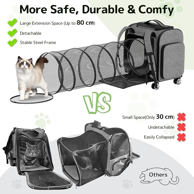 Rolling Cat Carrier with Wheels: Dog Carrier for Small Dogs & Large Cats, Expandable Pet Carrier on Wheels with Cat Play Tunnel, Large Capacity, Breathable Mesh, Side Pocket, Grey