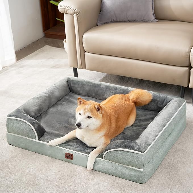 EHEYCIGA Orthopedic Dog Beds for Extra Large Dogs, Waterproof Memory Foam XL Dog Bed with Sides, Non-Slip Bottom and Egg-Crate Foam Big Pet Couch Bed with Washable Removable Cover, Greyish Green