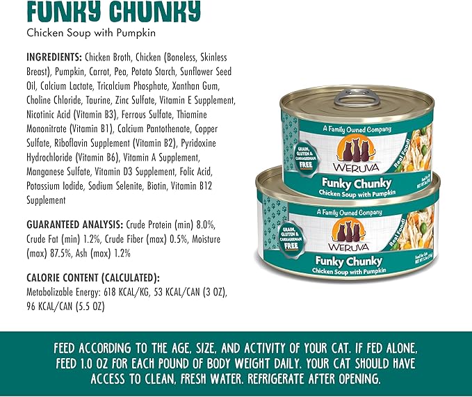 Weruva Classic Cat Food, Funky Chunky Chicken Soup with Pumpkin in Chicken Soup, 5.5oz Can (Pack of 24)