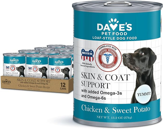 Dave's Pet Food Sensitive Skin Dog Food for Skin and Coat (Chicken & Sweet Potato), Wet Canned, Made in USA, 13.2oz Cans (12 Pack)