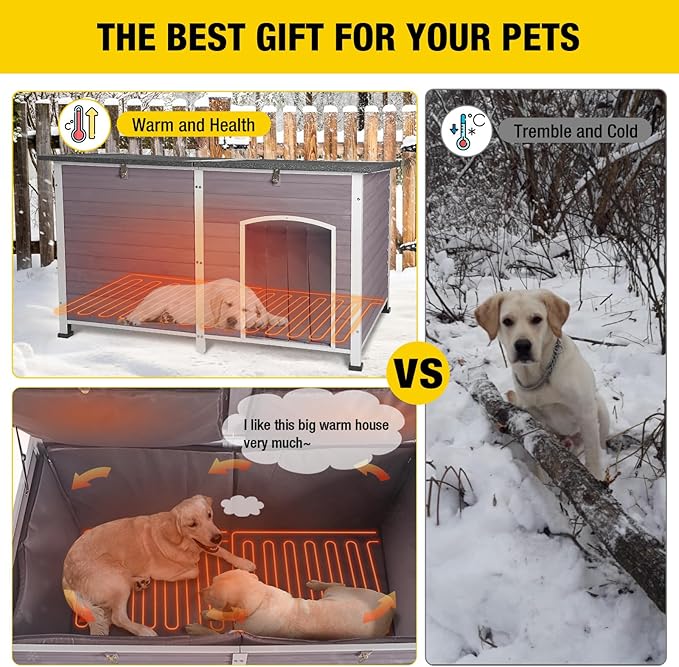 Aivituvin Dog House Insulated Outdoor Dog Kennel with Heated Liner for Winter 59" Extra Large Insulated Dog Cage with Heater,All-Around Iron Frame(Grey)
