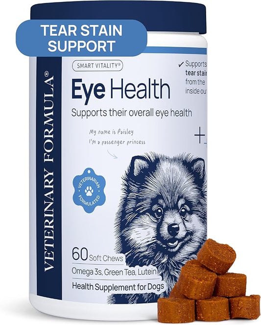 Veterinary Formula Eye Health Supplement for Dogs – Vet-Formulated Tear Stain Chews with Omega 3, Lutein & Cranberry – Smart Vitality Supports Eye Moisture, Stain Reduction & Immunity, 60 Soft Chews