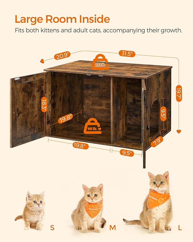 Feandrea Cat Litter Box Enclosure, Litter Box Furniture Hidden with Removable Divider, Indoor Cat House, End Table, 31.5 x 20.9 x 19.7 Inches, Rustic Brown UPCL002X01