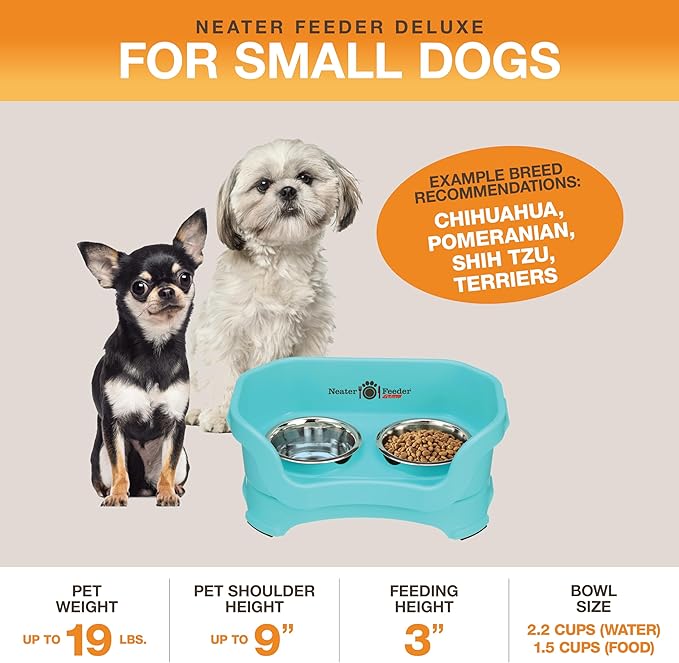 Neater Pet Brands Neater Feeder Deluxe Mess Proof Dog Bowls Elevated for Small Dogs Under 19 lbs, Made in USA, No Spill Raised Dog Food Bowl Stand Feeding Station, Food and Water Bowl Set, Aquamarine