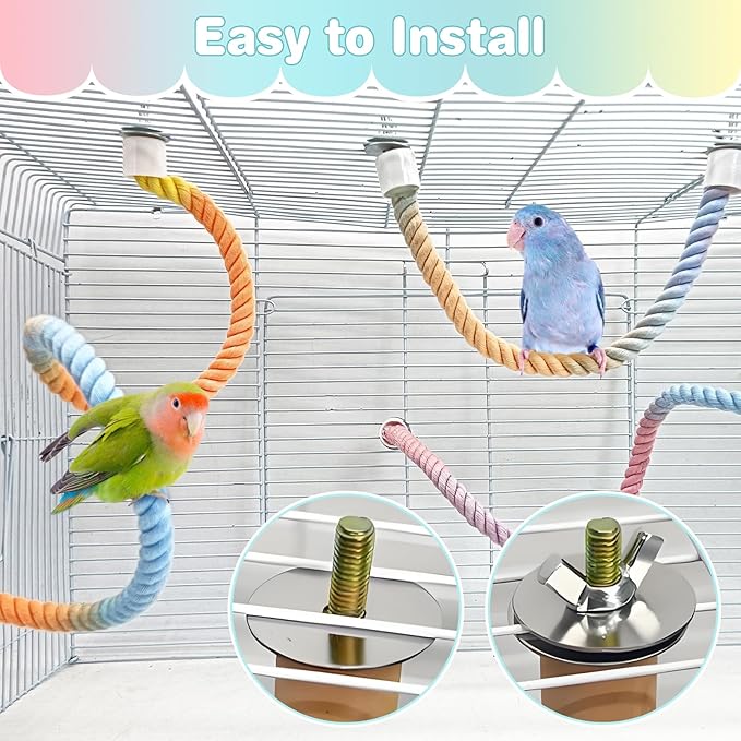 BNOSDM 3 Pcs Bird Rope Perches Gradient Colorful Bendable Climbing Rope Ladders Swings Toy Parakeet Cage Accessories for Parrots, Budgies, Cockatiels, Conures, Lovebirds
