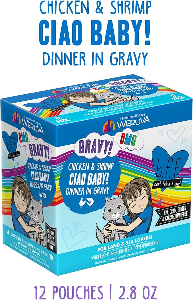 Weruva B.F.F. OMG - Best Feline Friend Oh My Gravy!, Ciao Baby! with Chicken & Shrimp in Gravy Cat Food, 2.8oz Pouch (Pack of 12)