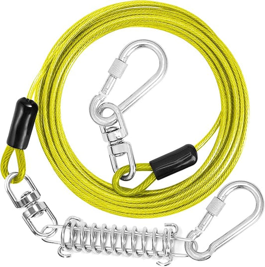 Jenico Dog Tie Out Cable, 10/15/20/30/40/50/70/100/150FT Runner Cable with Swivel Hook and Shock Spring, Yard and Camping Dog Leash Run Tether, Up to 500 LBS