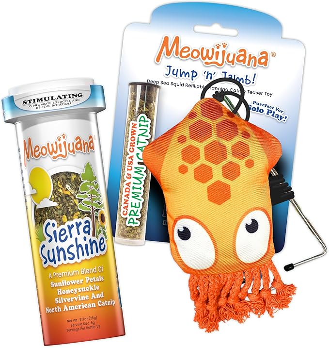 Meowijuana Jump 'n' Jamb Door Hanging Cat Toy Bundle | Deep Sea Squid + Sierra Sunshine Blend | Refillable Interactive Catnip Toy | Promotes Play and Cat Health | Potent Catnip Grown in North America