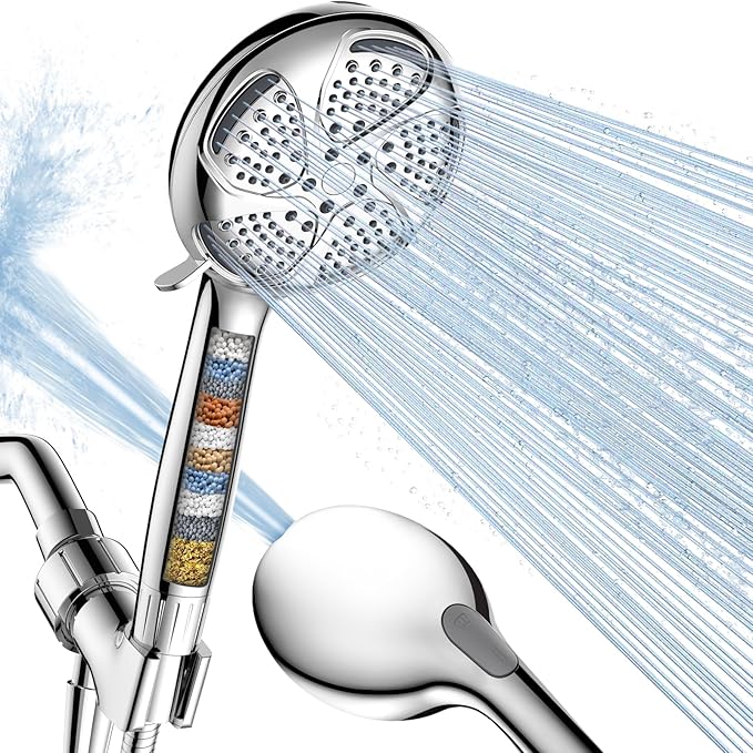 FEELSO Filtered Shower Head with Handheld, High Pressure 7 Spray Showerhead with Filters for Hard Water - Remove Chlorine, Reduce Dry Itchy Skin, Anti-clog Nozzles, Power Wash to Clean Tub, Tile & Pet