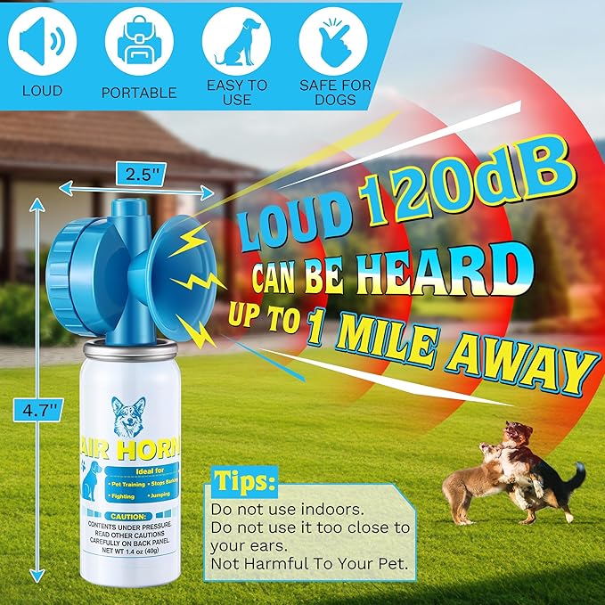 Air Horn, 1.4 oz 120 dB Loud Air Horns for Safety, for Coyotes and Aggressive Dog, Stops Attacking Fighting Barking Chasing, Effective Training Tool & Outdoor Safety Alarm, Blue(2 Pack)