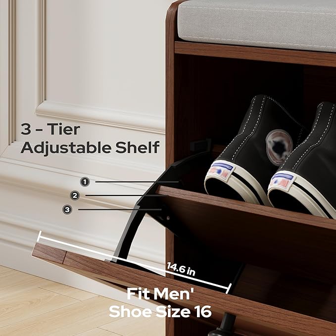 MHOM Brown Modern Entryway Bench with 2 Flip Drawers, Entryway Shoe Bench with Padded Seat Cushion, Wooden Storage Bench for Bedroom and Apartment