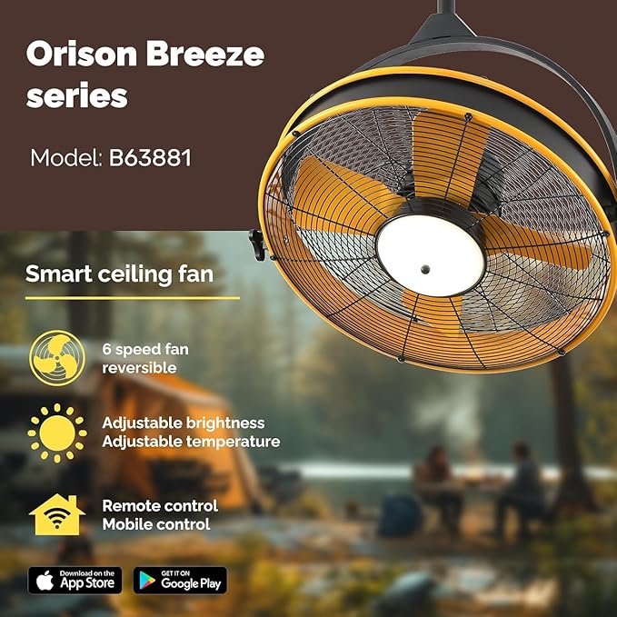 Orison 24.8'' Waterproof Outdoor Ceiling Fan, 6 Speed Ceiling Mounted Plug-In Cord Garage Fan with Remote&APP, 360-degree Manual Vertical Rotation, Hook hanging for Gazebo, Patio, Pergola (Yellow)