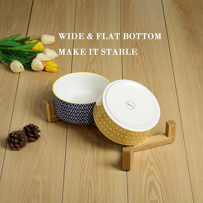 Selamica Ceramic 14 OZ Dog Bowls, Dog Food and Water Bowls with Wooden Stand, Anti-Slip Dog Dishes Set for Cats & Small Dogs, Weighted Pet Bowls Set of 2, Assorted Color A