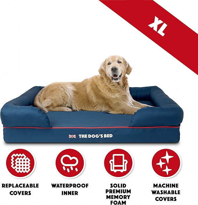 The Dog’s Bed Orthopedic Dog Bed XL Blue Oxford with Red Trim UK Flag Dog Bed 43.5x34, Memory Foam, Pain Relief: Arthritis, Post Surgery, Lameness, Veterinary Approved, Waterproof Washable Cover