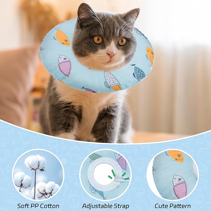 Cat Cone Collar Soft, Adjustable Cat Recovery Collars Kitten Cones to Stop Licking, Cute Donut Cones for Cats After Surgery, Elizabethan Collar for Kittens After Spay(Blue Fish, Large)