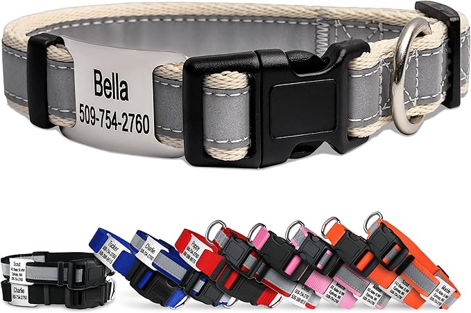 GoTags Reflective Personalized Dog Collar with Nameplate, Adjustable Dog Collar with Custom Engraved Steel Slide On Pet ID Tag, Silent, No Noise Dog Tag for Large Medium or Small (Beige, Medium)