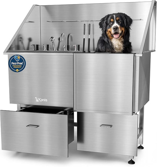 KANIS Professional Dog Washing Station - 304 Stainless Steel Pet Wash Sink & Grooming Bath Tub for Home with Ramp, Shower, Floor Grate, Storage Drawers, and Faucet for Large, Medium & Small Pets