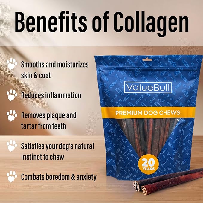 ValueBull Collagen Sticks for Dogs, 12 Inch Thick Chews, Natural Long-Lasting Dog Treats, 50 Count Bulk Pack - Supports Joints, Skin & Coat with Chondroitin & Glucosamine