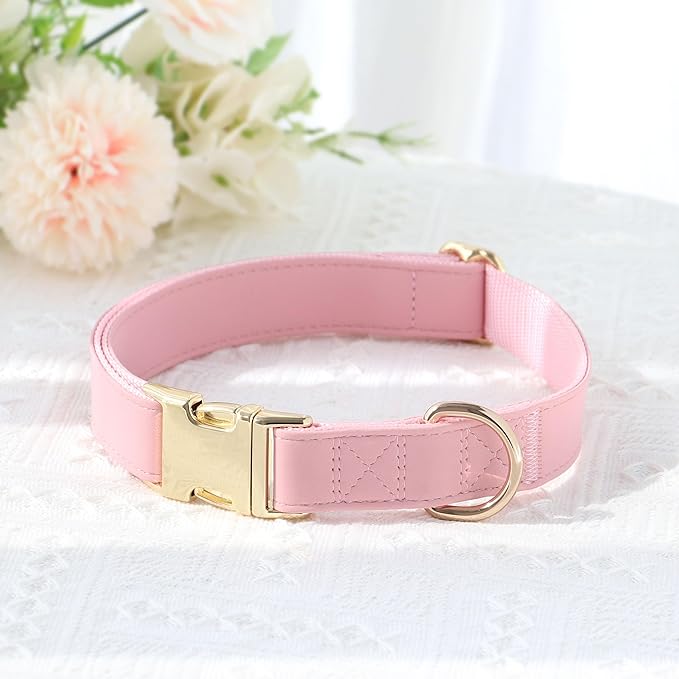 PET ARTIST Soft PU Leather Dog Collar, Bright & Classic Pink Dog Collar with Quick Release Rose Metal Buckle, Adjustable Nylon Padded Durable Pet Collars for Medium Dogs Girl, Neck Fit 13-19"