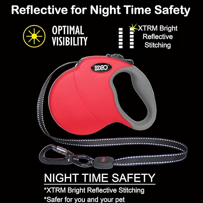DOCO Retractable Dog Leash for Large Dogs (Length - 16’, Weight - Upto 45lb) Reflective Tape Lead with Stop and Lock Control, Tangle Free 360° Swivel Snap & Anti-Slip Grip (Red, Medium)