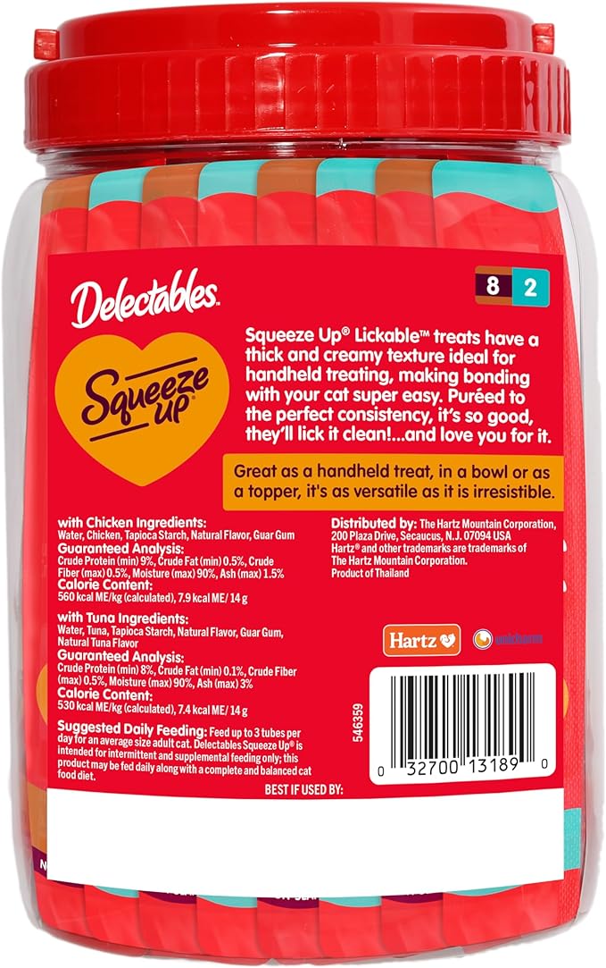 New! Delectables Squeeze Up Variety Pack, Creamy Squeezable Puree, Lickable Wet Cat Treats, Grain-Free, No Added Fillers, 0.5 Ounces Tube, 40 Tubes Total
