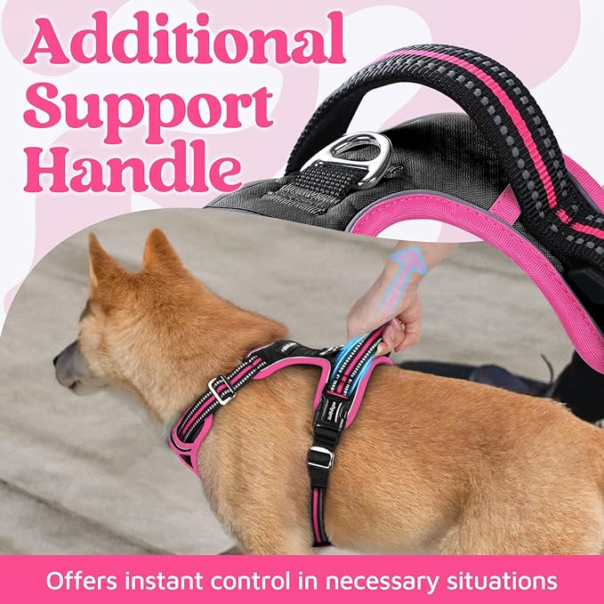 rabbitgoo Dog Harness Medium Sized, No Pull Dog Vest with 3 Buckles, Adjustable Soft Padded Pet Harness with Easy Control Handle and Reflective Strips, Black & Rose Pink, M