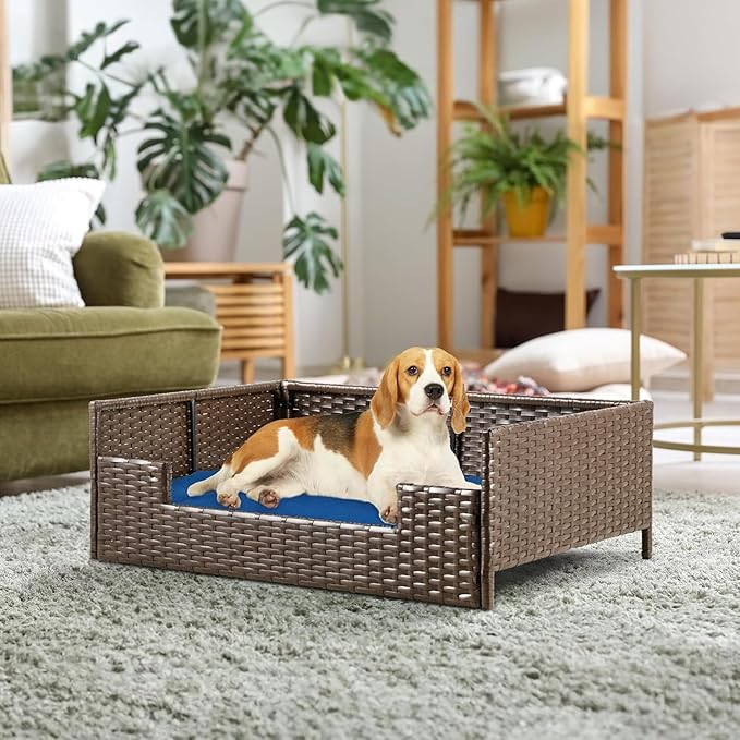 YITAHOME Rattan Dog Sofa Bed with Cushion,Wicker Pet Bed Sofa Couch Indoor Outdoor Water Unaffected for Large Medium Small Dogs Cats (24.8''L*19.7''W*9.8'',Blue)