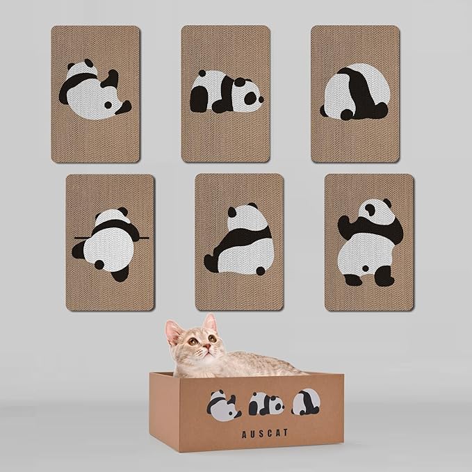 AUSCAT Cardboard Cat Wall Scratcher, 7 cat Scratching Boards with Box, Wall Mounted Cat Scratching Pads for Indoor Cats, Furniture Protector, 14.5" x 9.3", Panda Pattern