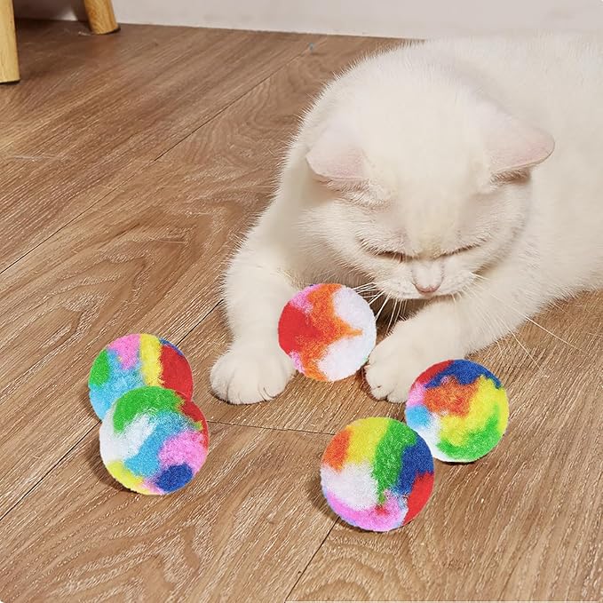 Nicunom 60 PCS Cat Pom Pom Balls, 1.7Inch Rainbow Cat Toy Balls, Soft Plush Cat Ball Fuzzy Kitty Balls Colorful Kitten Puff Balls Cat Chase Ball for Kitten Pet Interactive Playing Exercising