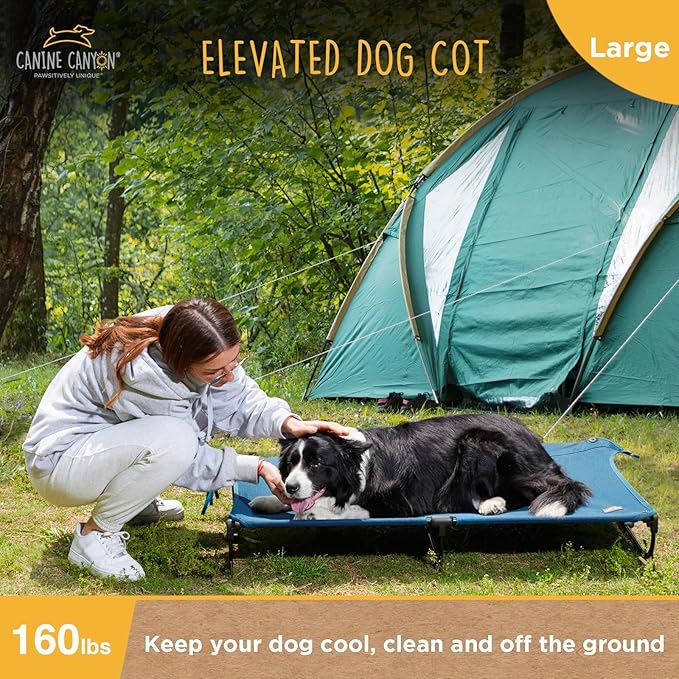 Folding Raised Dog Bed, Large Outdoor Elevated Dog Cot, Cooling Chew Proof Pet Cots Bed, Portable, Heavy Duty Up to 160 lbs, Pet Cot for Camping, Home, Dark Blue, 49"x33"x7"