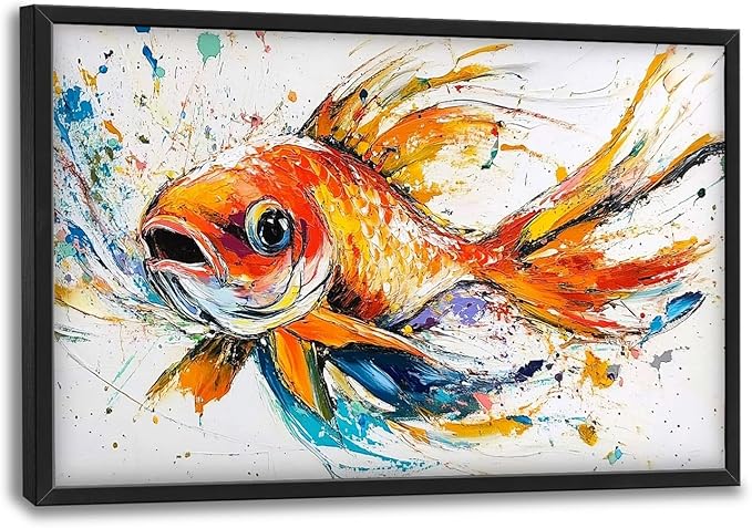 Framed Large Fish Wall Art for Living Room, Oversized Graffiti Goldfish Wall Decor Watercolor Fishing Canvas Painting Modern Artwork Home Decoration for Living Room Bedroom Office 36"x24"