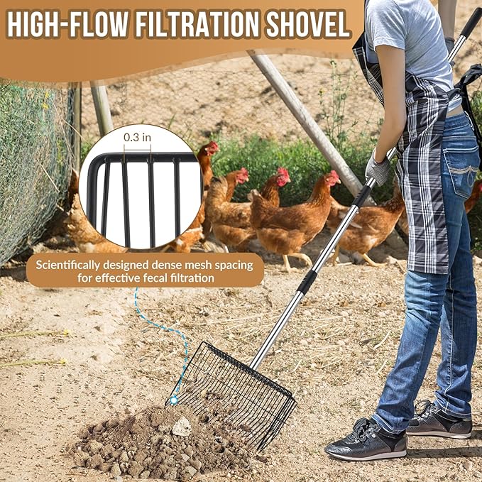SlowTon 10-inch Large Chicken Poop Scooper - 5 in 1 Multifunctional Chicken Litter Scoop with 35 to 67in Stainless Steel Handle, Heavy Duty Chicken Coop Cleaning Tool Litter Sifting Shovel