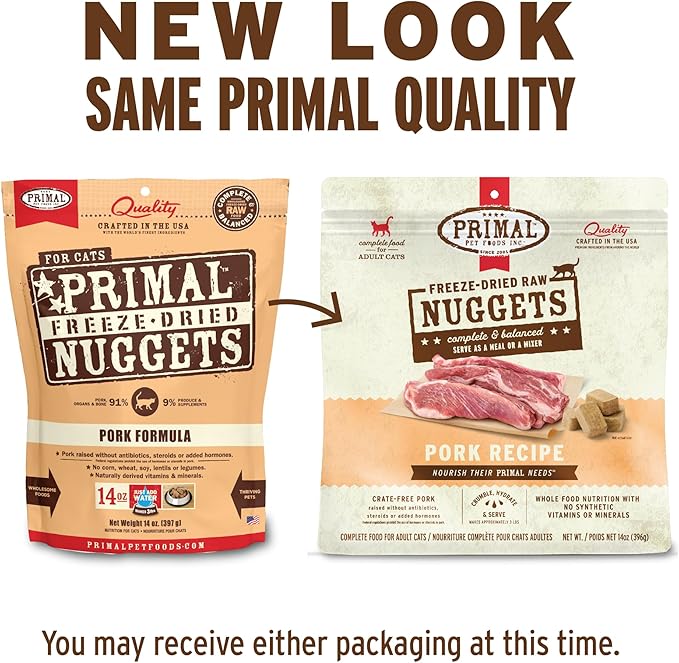 Primal Freeze Dried Raw Cat Food Nuggets Pork, Complete & Balanced Meal or Topper, Premium, Healthy, Grain Free, High Protein Raw Cat Food with Probiotics (14 oz)
