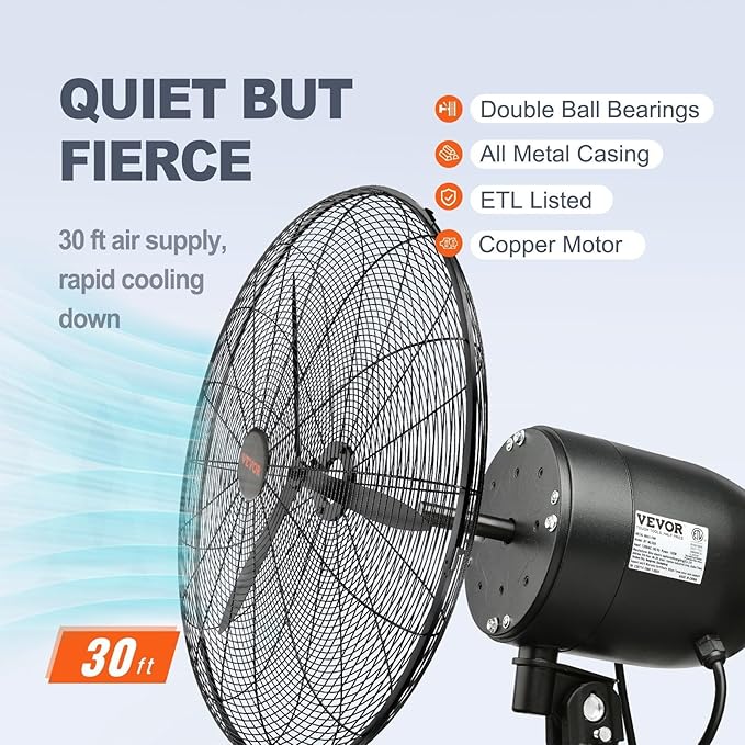 VEVOR 24 Inch 3-Speed 7000 CFM Black Waterproof Wall Mount Oscillating Fan