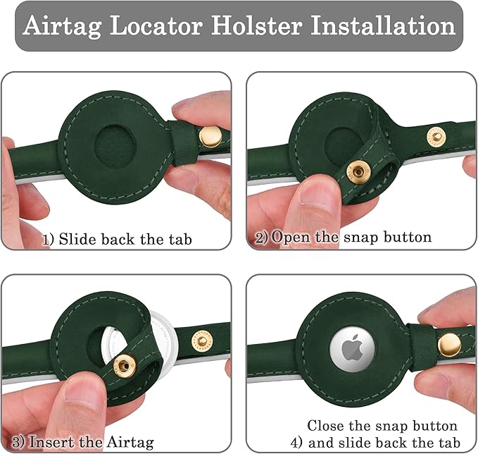 OOPSDOGGY Rolled Leather Dog Collar with Airtag Holder - Reflective Round Airtag Dog Collar - Soft Tracking Pet Collar for Small Dogs Puppy Cats Kitten (Green, XS, 8"-11")