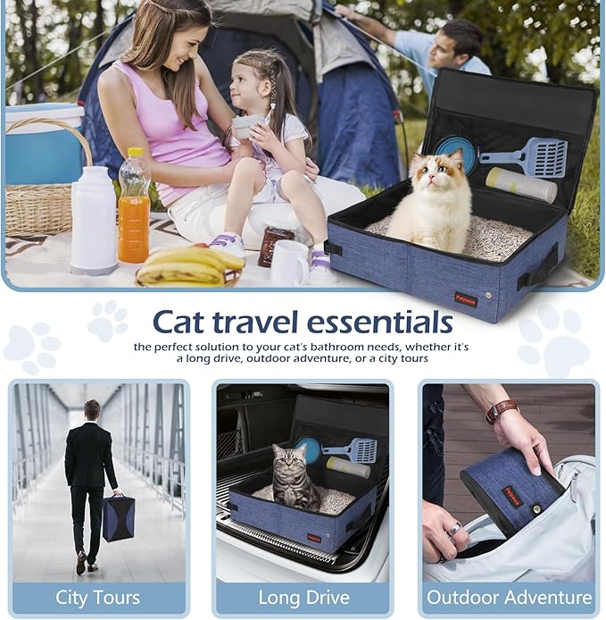 Portable Cat Travel Litter Box. Zipped Lid, Collapsible Litter Box for Cats. No Leakage, No Smell. Easy to Carry. Used for Hotels, Camping, Car (Blue,L)