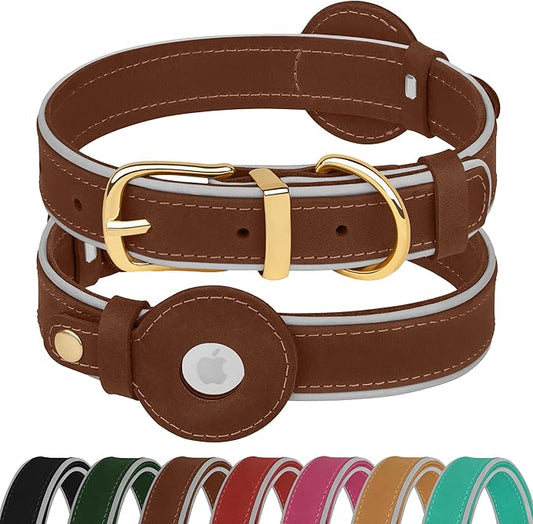 OOPSDOGGY Reflective Geniune Leather Airtag Dog Collar Soft Padded Collars for Small Medium Large Breed Dogs Puppy, 4 Sizes, 7 Colors (Brown, Medium, 12"-15")