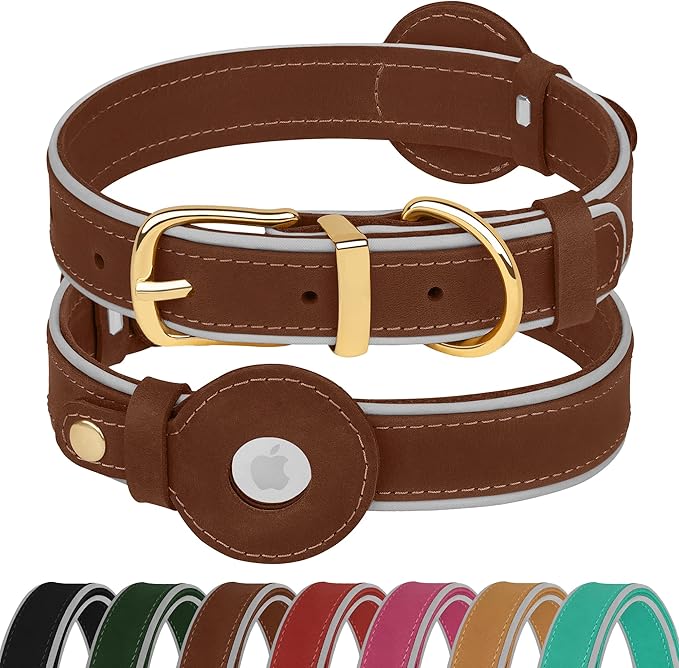 OOPSDOGGY Reflective Geniune Leather Airtag Dog Collar Soft Padded Collars for Small Medium Large Breed Dogs Puppy, 4 Sizes, 7 Colors (Brown, Small, 9"-12")