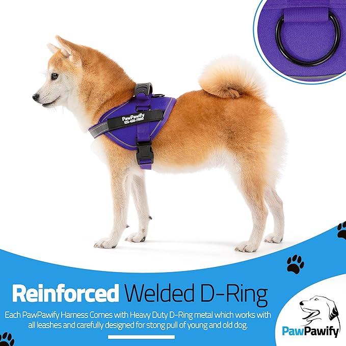 PawPawify Custom No Pull Dog Harness with Name and Phone Number, Heavy Duty Personalized Pet Vest to Prevent Tugging, Pulling, or Choking, Training and Walking (New Purple, XL (60-85 LBS))