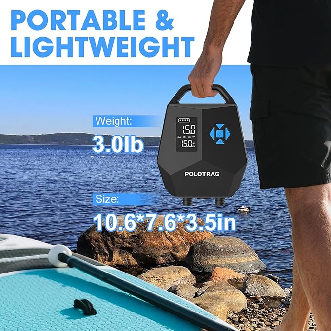 Paddle Board Pump, Rechargeable SUP Pump Electric, 20PSI Portable Paddleboard Pump with Inflation & Deflation, Auto-Off for Inflatables, Kayak, Towable Tube and Air Mattress
